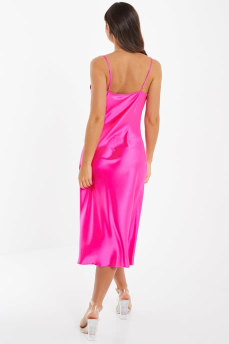 Hot Pink Satin Slip Midi Dress