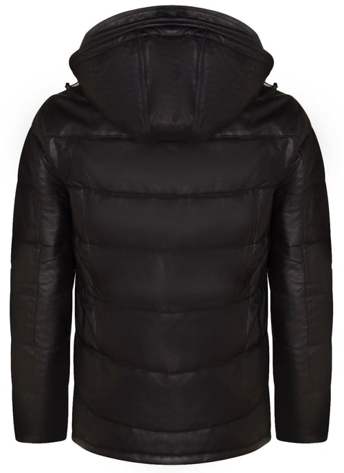 Black Puffer Leather Quilted Warm Bomber Hooded Jacket