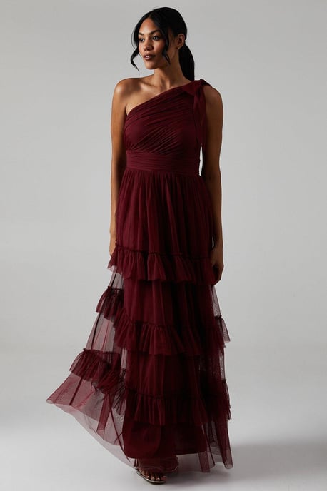 Pleated Mesh One Shoulder Tiered Bridesmaids Dress - Image 1
