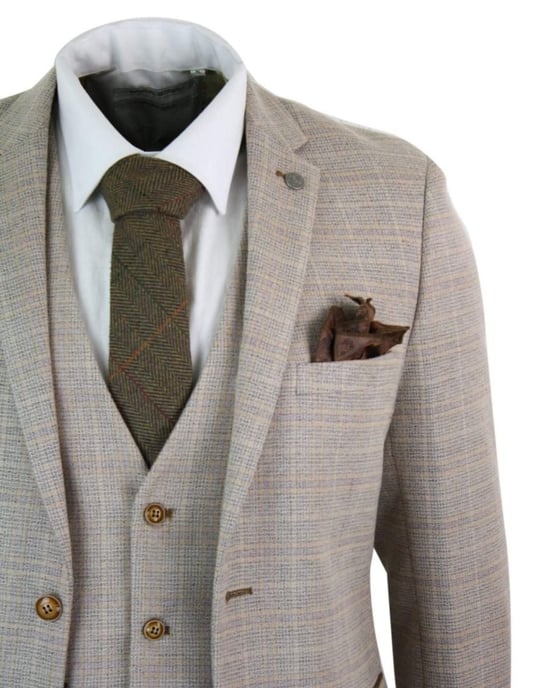 Herren 3-teiliges beiges Tweed-Karomuster Vintage Retro Anzug - Image 6