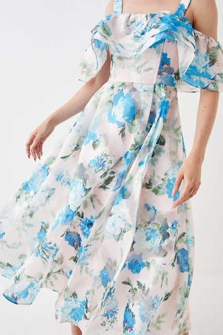 Jacquard Frill Bardot Midi Dress