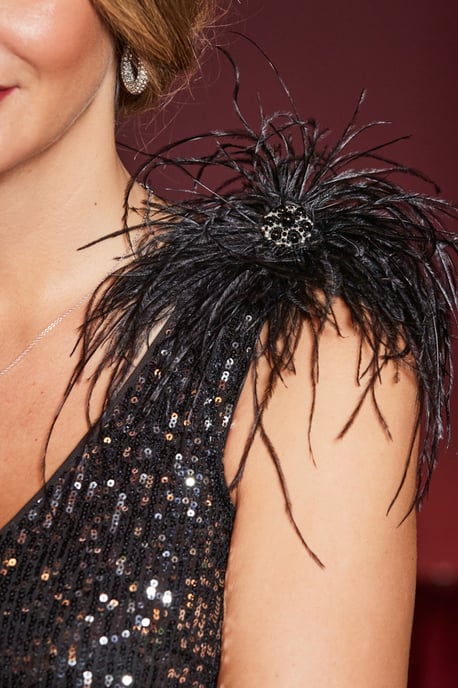 Pewter Sequin Feather Shoulder Pencil Dress