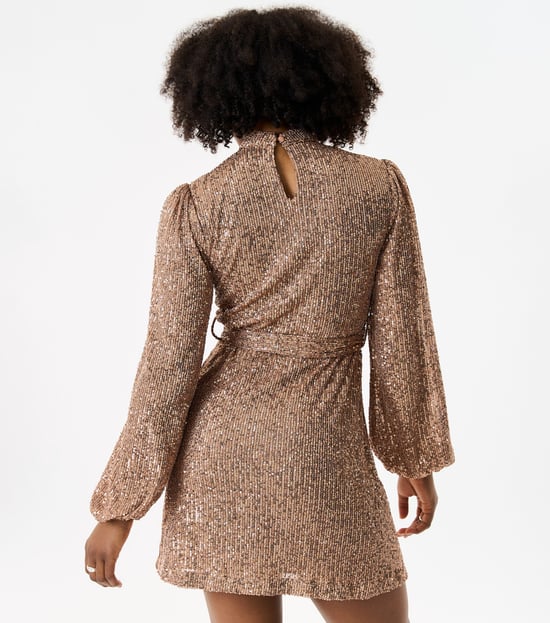 High Neck Long Sleeves Belted Sequin Dress