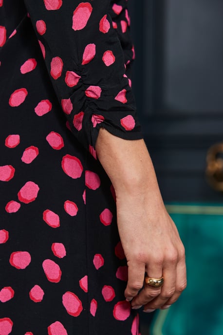 Black & Pink Spot Print Ruched Waist Fit & Flare Dress