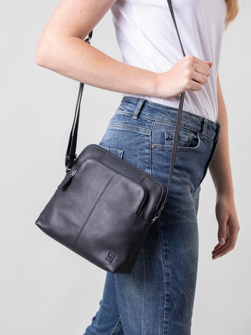 Raven Leather Cross Body Bag in Navy