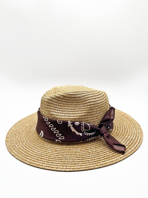 Straw fedora hat with bandana printed band in natural and dark oak