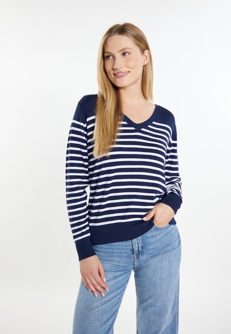 Dreimaster Strickpullover Damen Marine Weiss - Image 3