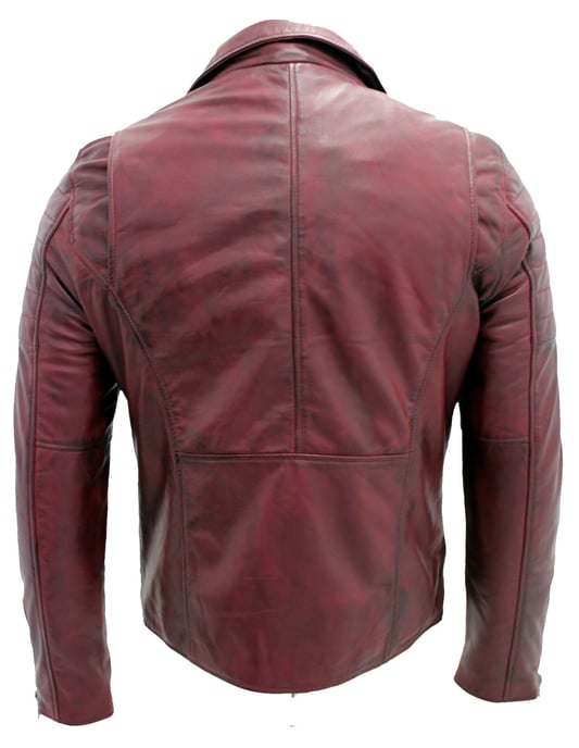 Brando-style slim-fit leather biker jacket with cross zipper