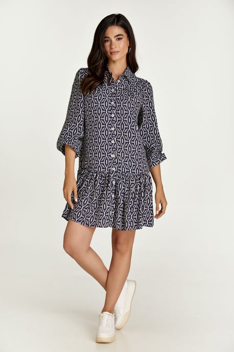 Marineblaues und weißes Print-Kleid mit Knöpfen - Image 1