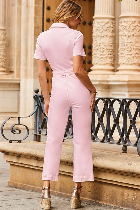 Pink D Ring Belt Culotte Denim Jumpsuit