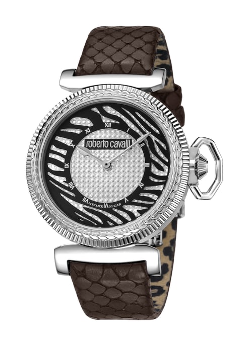 Roberto Cavalli:Womens silver dial brown leather watch