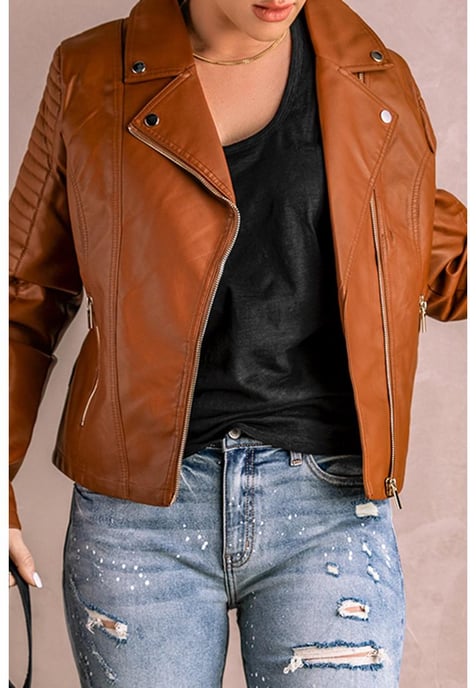 Azura Exchange Women's Ribbed Seam Detail Faux Leather Motorcycle Jacket in Brown - Image 6