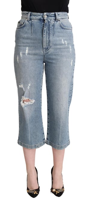 Dolce & Gabbana Blue Tattered Cotton Denim Capri Cropped Women's Jeans