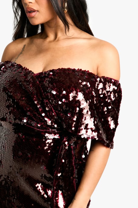 Plus Premium Sequin Off The Shoulder Midi Dress