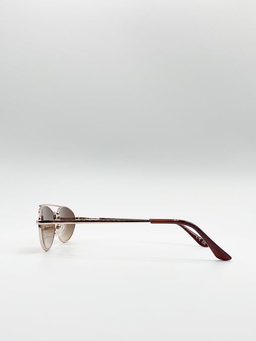 Double Bridge Fashion Metal Sunglasses With Brown Tinted Lenses
