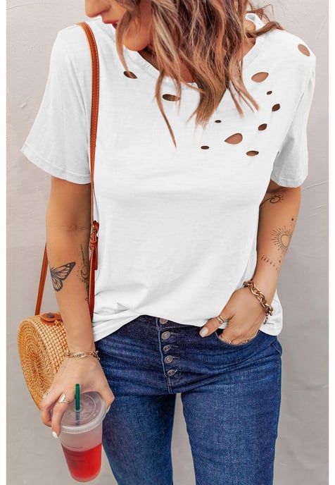 Damen-T-Shirt aus Baumwollmischung mit Rundhalsausschnitt in Weiß - Image 4