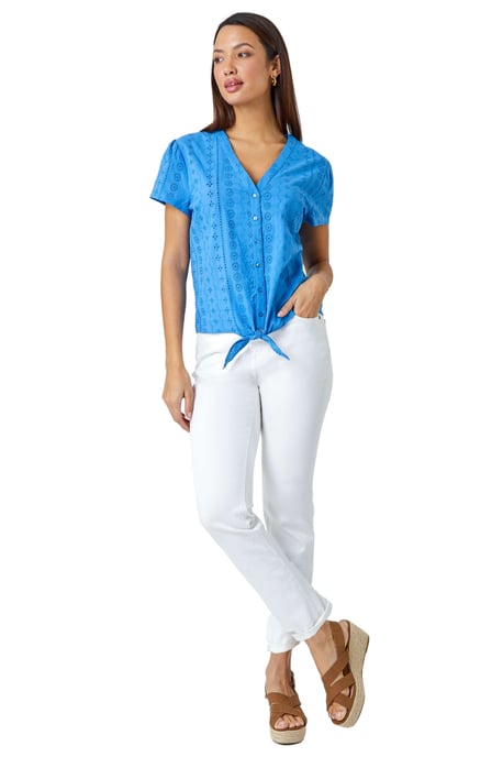 Tie Front Cotton Broderie V-Neck T-Shirt