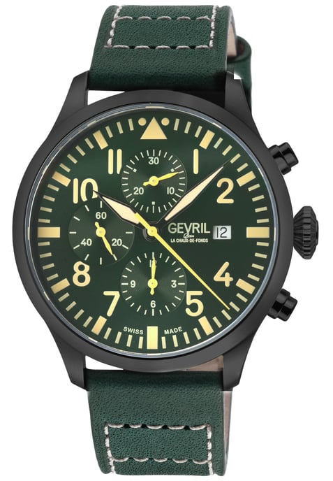 Gevril Vaughn Chronograph Green Dial Green Leather Swiss Automatic ETA 7750 Watch