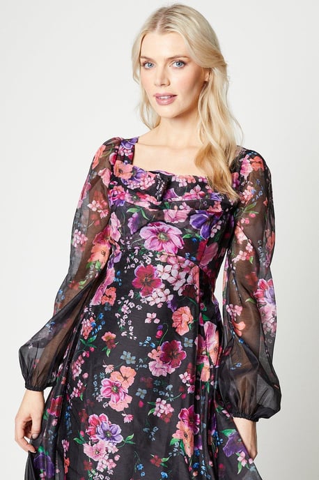 Organza Panelled Print Midi Dress