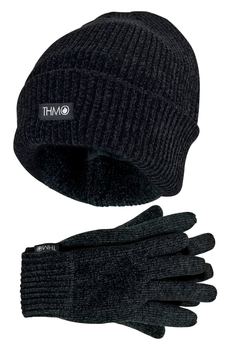 Damen Thinsulate Mütze und Handschuhe Set | THMO | Weiche Chenille gerippte Beanie Mütze & Handschuhe für Frauen - Schwarz - Image 1