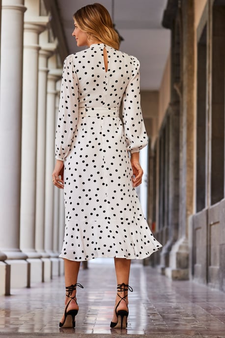 Ivory & Black Spot Print Keyhole Detail Belted Fit & Flare Dress