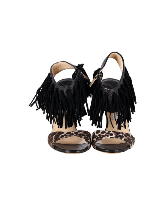 Jimmy Choo Leopardenmuster Fransen Sandalen aus schwarzem Leder - Image 2