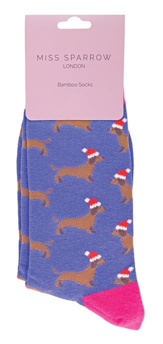 Miss Sparrow - Damen-Weihnachtssocken | Wursthund-Socken - Weihnachtshund (Denim) - Image 2