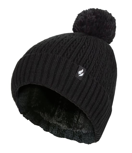 Damen-Thermokabel-Beanie-Mütze | Wärmehalter | Gestrickte Wintermütze mit Bommel | Weiche gerippte Bommelmütze in Schwarz - Image 1
