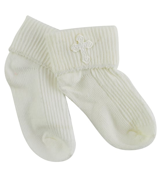 Baby-Taufsocken mit Kreuzstickerei | Neugeborene Baumwollsocken für Jungen & Mädchen - Creme - Image 1