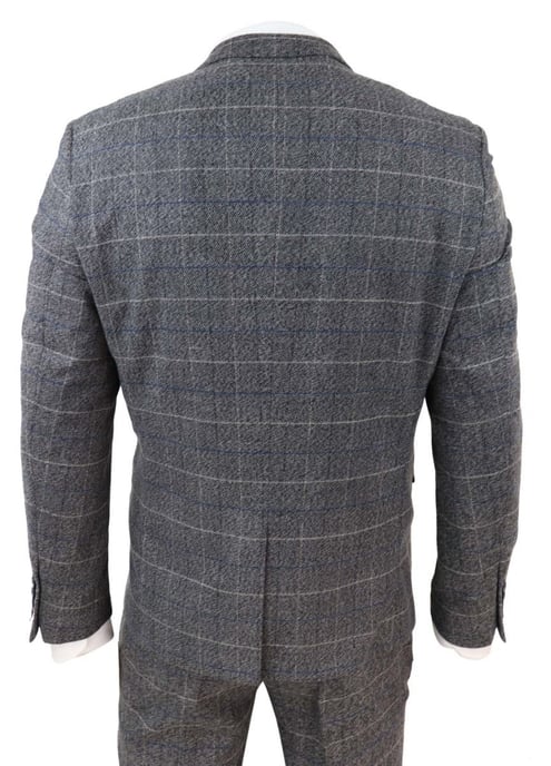 3-teiliger klassischer Anzug für Herren in Grau mit blauem Karomuster im Vintage-Stil - Image 6