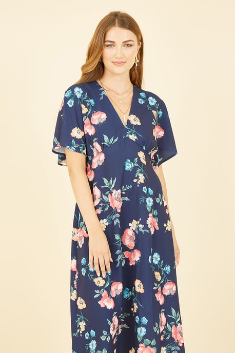 Navy Floral Kimono Midi Dress