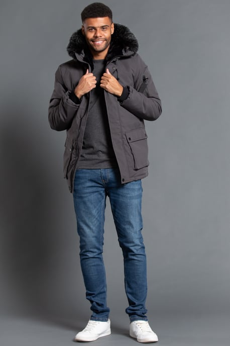 Charcoal Longline Hooded Padded Parka Jacket With Faux Fur Hood