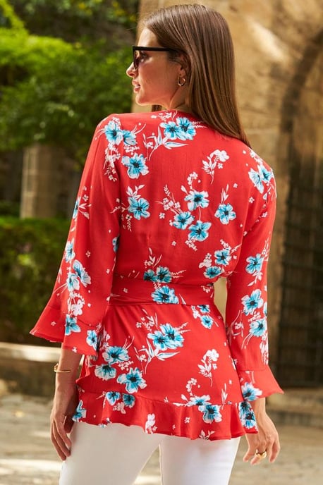 Red Floral Wrap Blouse