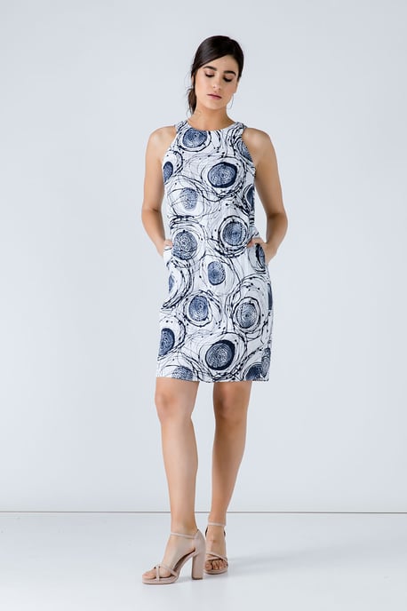 Print Sleeveless Sack Dress in Navy