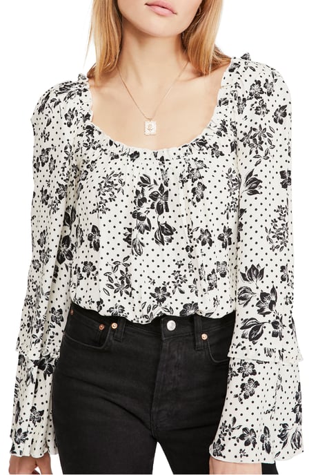 Free People Womens Blouse White Ivory  Polka Dot Floral Bodysuit