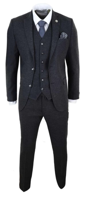 Herren 3-teiliges Schwarzes Wolltweed Vintage Retro Anzug - Image 2