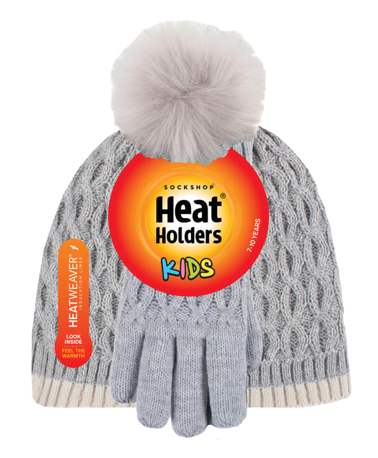 Heat Holders - Thermoisolierte Pom Pom Bommelmütze und Handschuhe für Mädchen | Bunte Pastellfarben - Wolkengrau - Image 2
