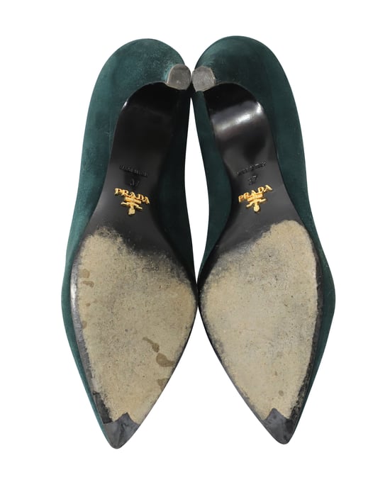 Prada Sandalen mit Kegelabsatz aus grünen Wildleder - Image 5