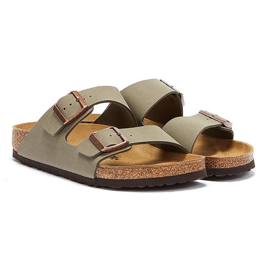 Herren Womens Birkenstock Arizona Birko Flor Nubuck Stein Sandalen - (Grau) - Image 1