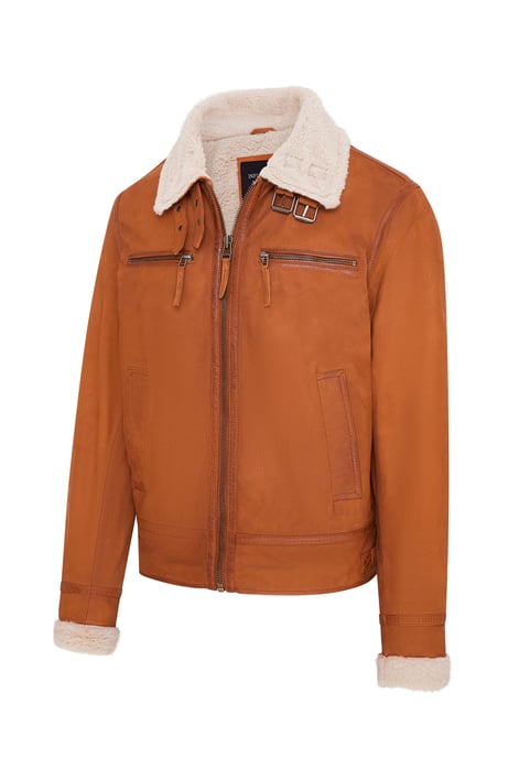 Mens Tan Real Sheep Suede Bomber Aviator Jacket - Sandnes