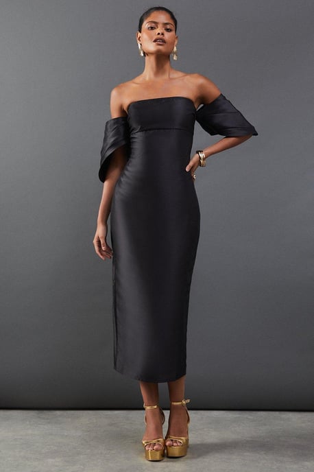 Structured Puff Sleeve Bardot Midi Dress