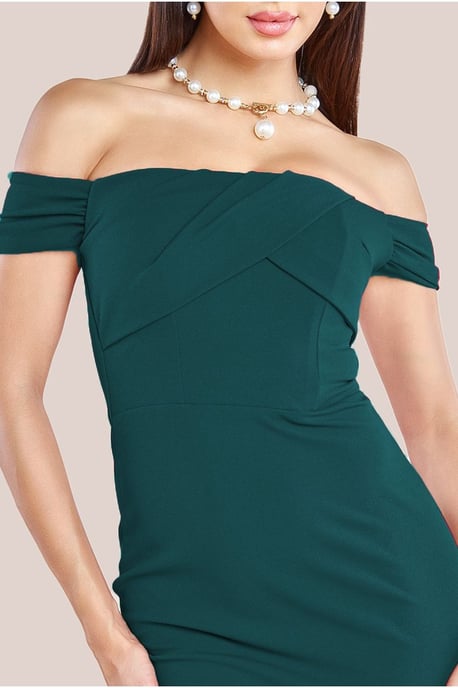 Pleated Bardot Scuba Maxi Dress