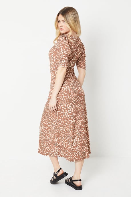 V Neck Ruched Front Puff Sleeve Midi Dress