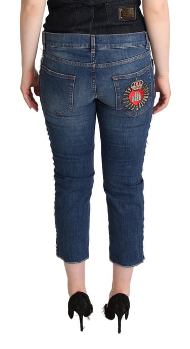 Dolce & Gabbana Blue Washed Mid Waist Denim Logo Cropped Women's Jeans