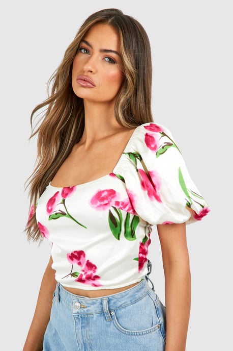 Floral Printed Puff Sleeve Corset - Image 1