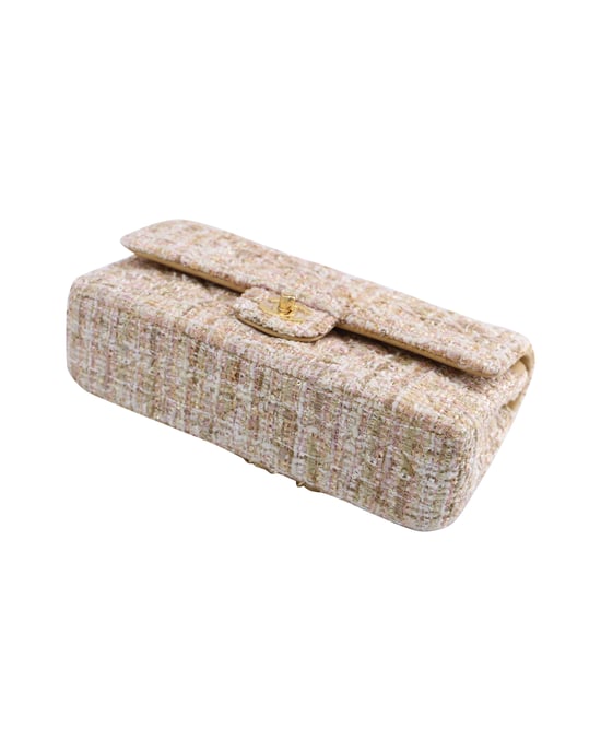 Chanel Classic Flap Shoulder Bag with Gold Tone Metal in Pastel Pink Tweed and Leather