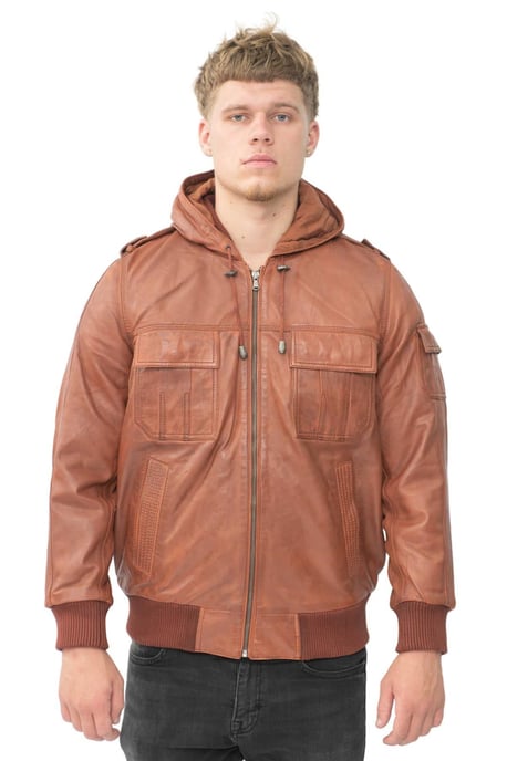 Mens Tan Leather Hooded Bomber Jacket - Tirana