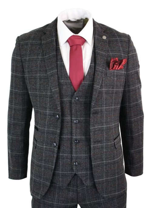 Herren 3-teiliger Anzug in charcoalgrauem Tweed mit Karomuster im Vintage-Retro-Stil - Image 1