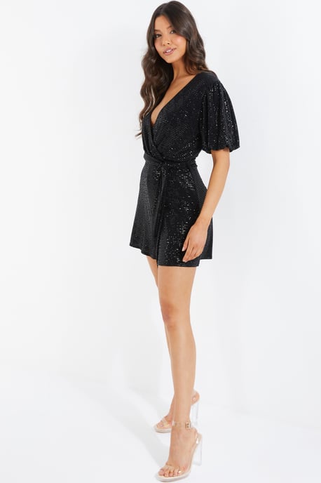Black Sequin Wrap Playsuit