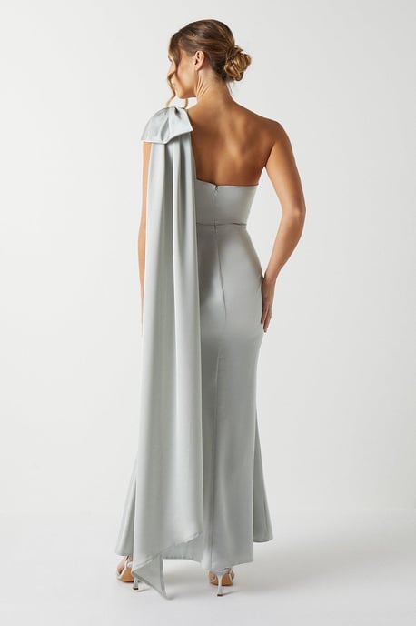 Bow And Drape Detail One Shoulder Satin Bridesmaids Dress - Image 4